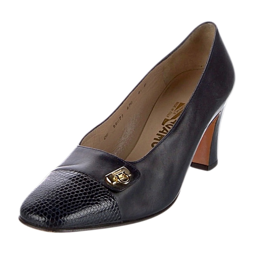 Vintage SALVATORE FERRAGAMO Square-Toe Black‎ Leather Heels